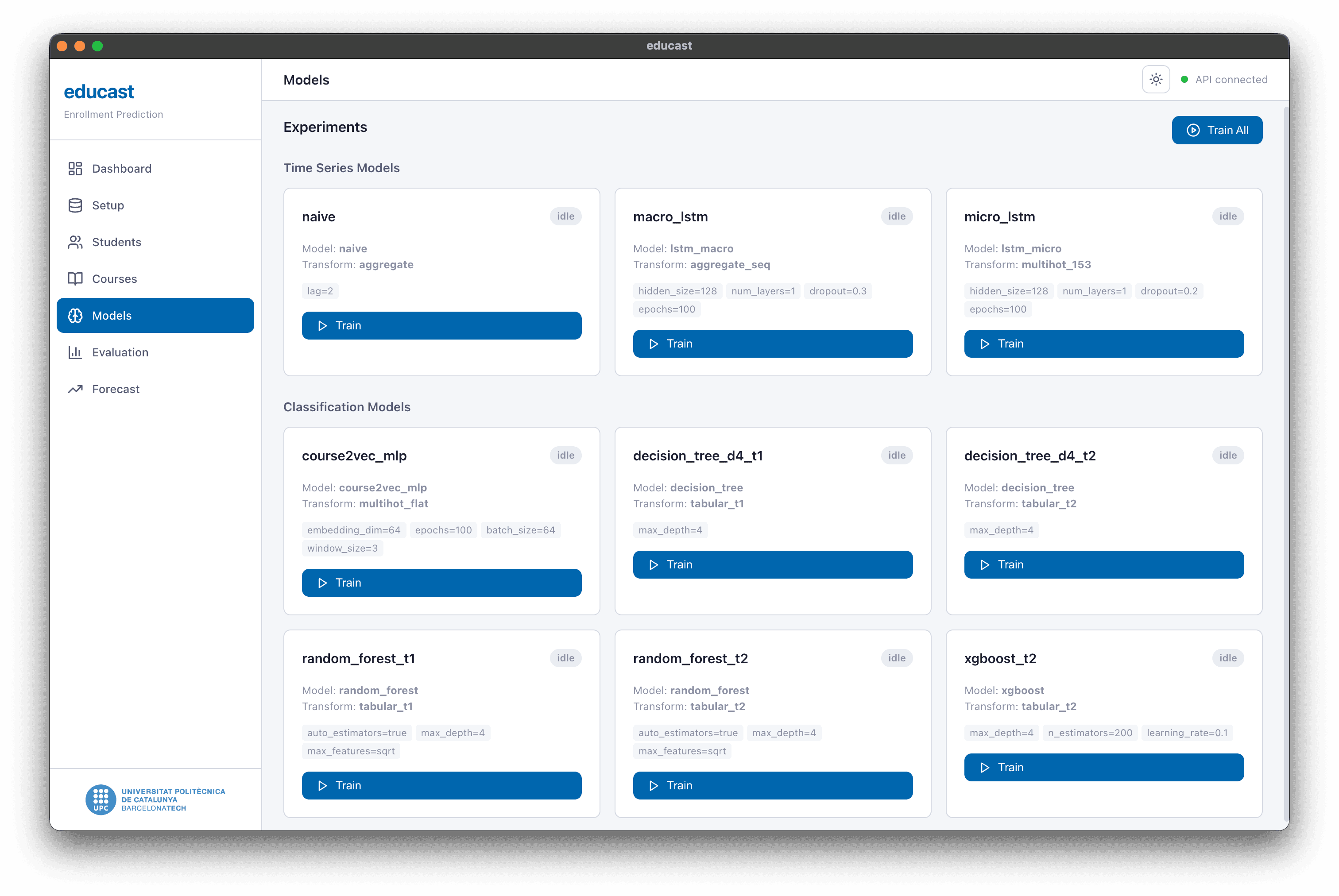 EduCast models page showing all available model configurations for time series and classification experiments